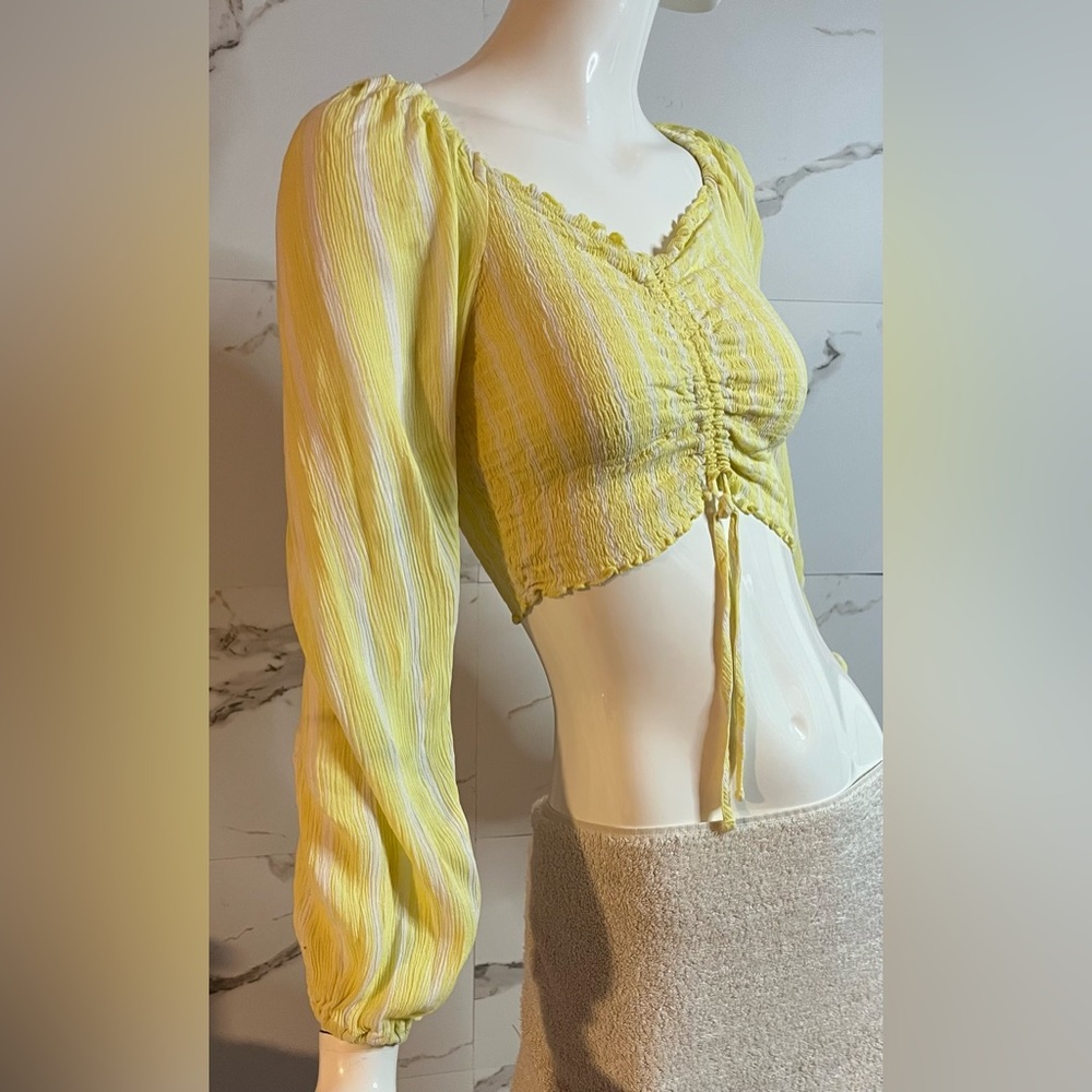 NOBO Yellow & White Striped Tie-Front Crop Top Ruched Long Sleeve Size L Fitted